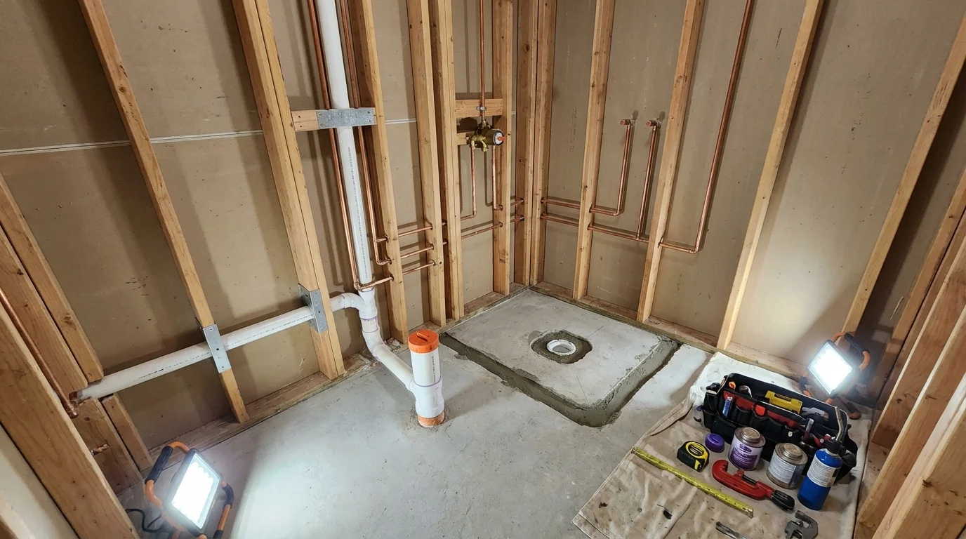Bathroom rough-in plumbing during remodel by Johns Plumbing LLC in Tolono