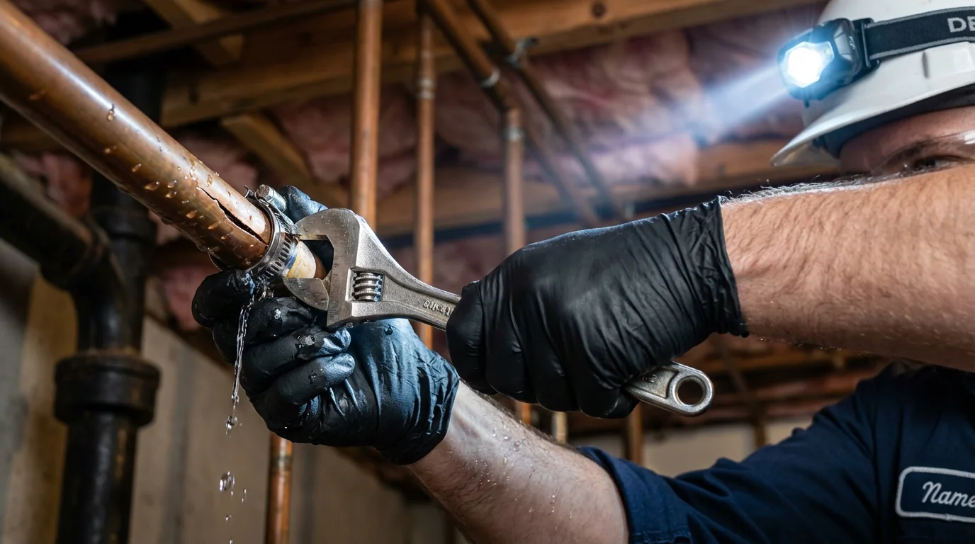 Emergency pipe clamp repair being performed by a Johns Plumbing LLC plumber in Tolono