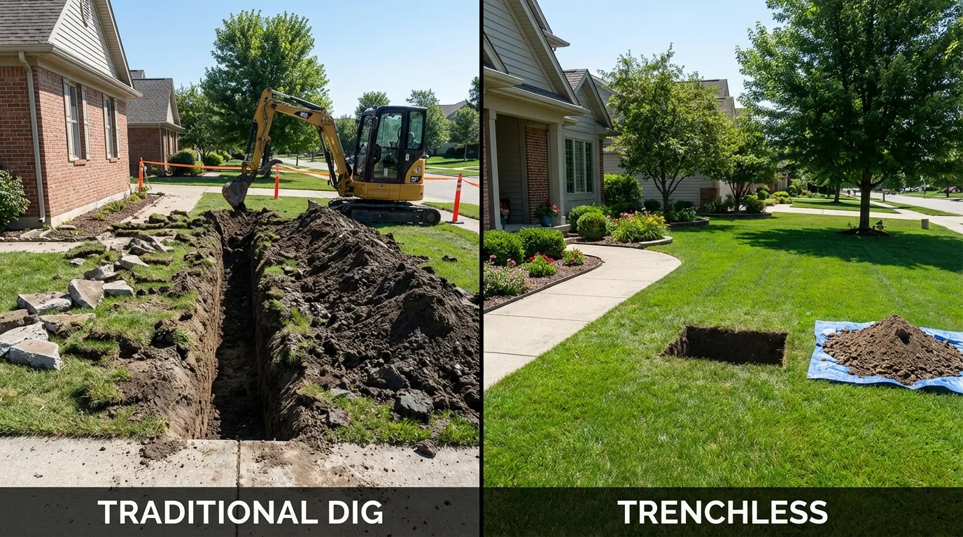 Trenchless sewer repair with minimal yard damage versus traditional excavation in Tolono, IL