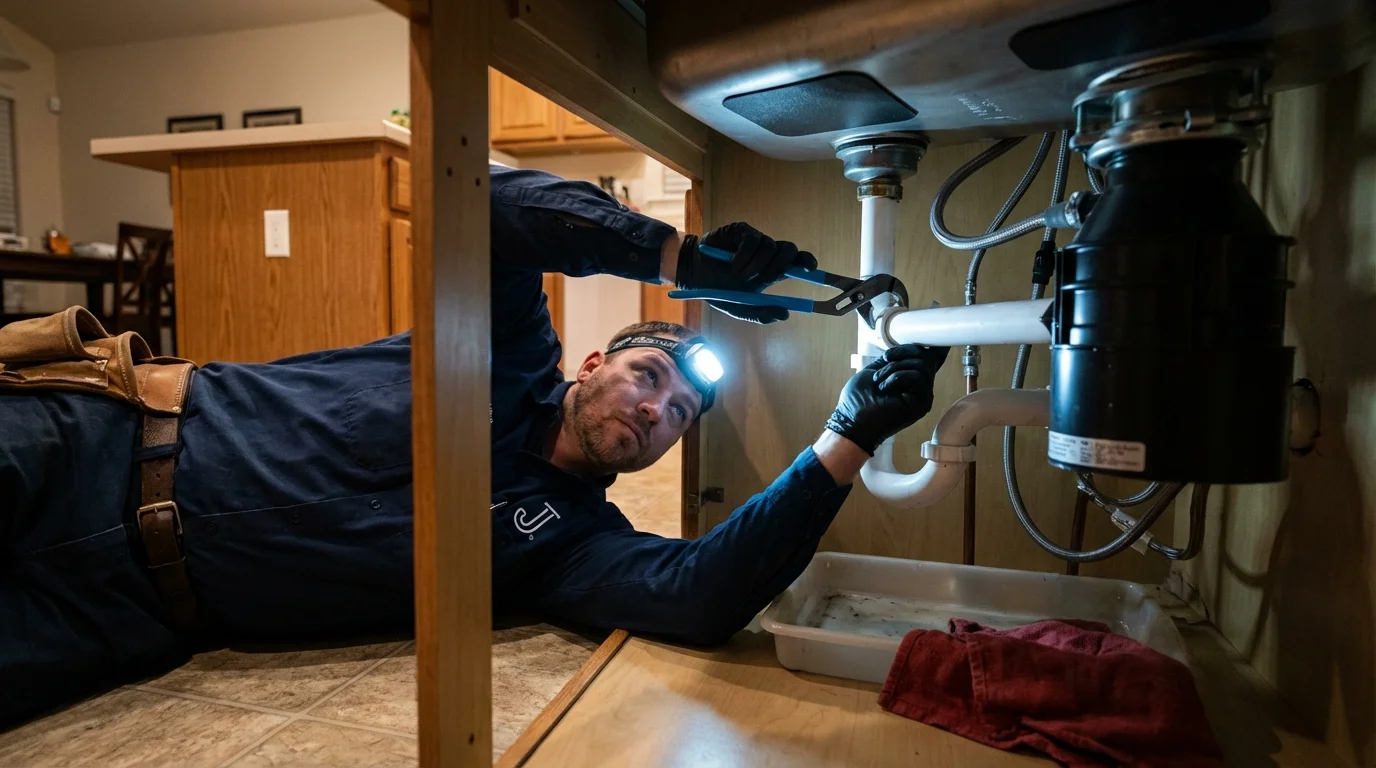 P-trap and supply line connections under a kitchen sink showing a common leak point in Tolono, IL